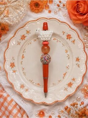 Handmade Whimsical Orange Beaded Pen with Lamb Top